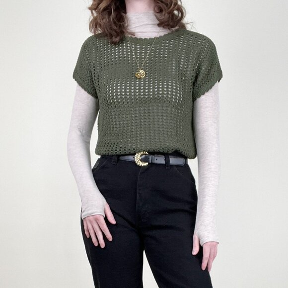Vintage Open Knit Crochet Pointelle Sweater Vest Top Blouse Oversized Loose Fit - Picture 1 of 7